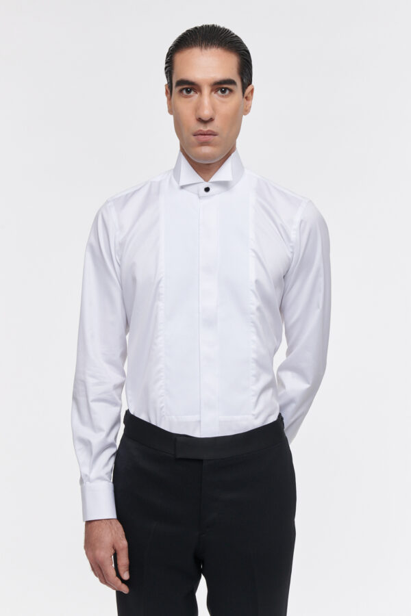 CHEMISE DU SOIR À COL CASSÉ ET PLASTRON EN TWILL DE COTON - BLANC - Rives Paris
