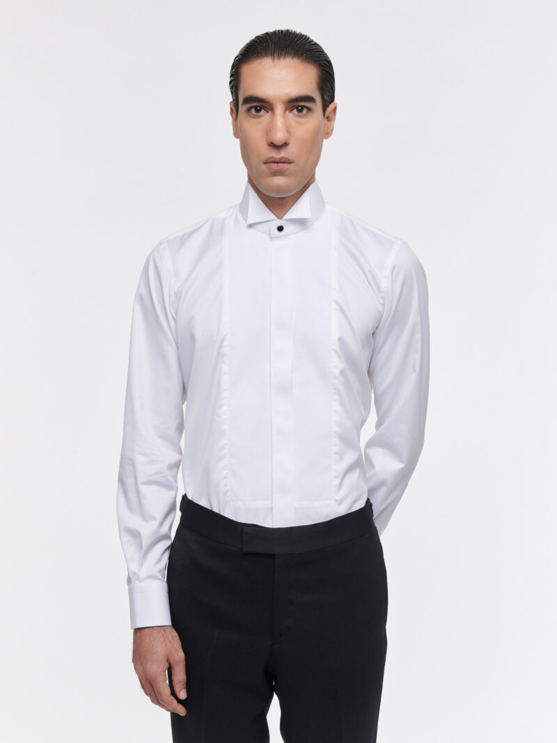 CHEMISE DU SOIR À COL CASSÉ ET PLASTRON EN TWILL DE COTON - BLANC - Rives Paris