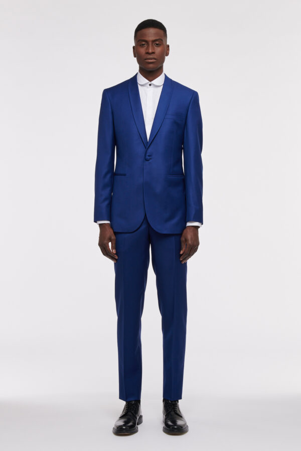 COSTUME DEUX PIÈCES DROIT EN LAINE À COL CHALE - BLEU LUMINEUX - Rives Paris