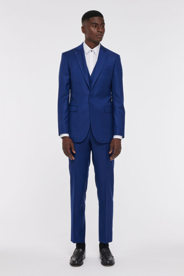 COSTUME TROIS PIÈCES DROIT EN LAINE AVEC COL À CRANS - BLEU LUMINEUX - Rives Paris