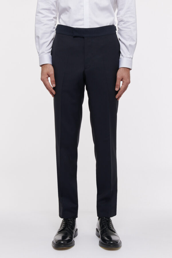 PANTALON DE SMOKING EN TOILE DE LAINE AVEC CEINTURE TEXTURÉE - BLEU NUIT - Rives Paris