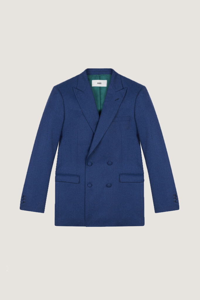 Veste croisée bleu en laine sur-mesure RIVES Paris