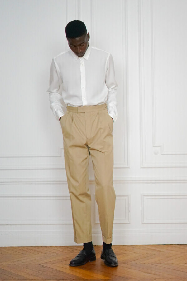 Double Pleated Wide Trousers Tailor-made Cotton Beige | Rives Paris ©