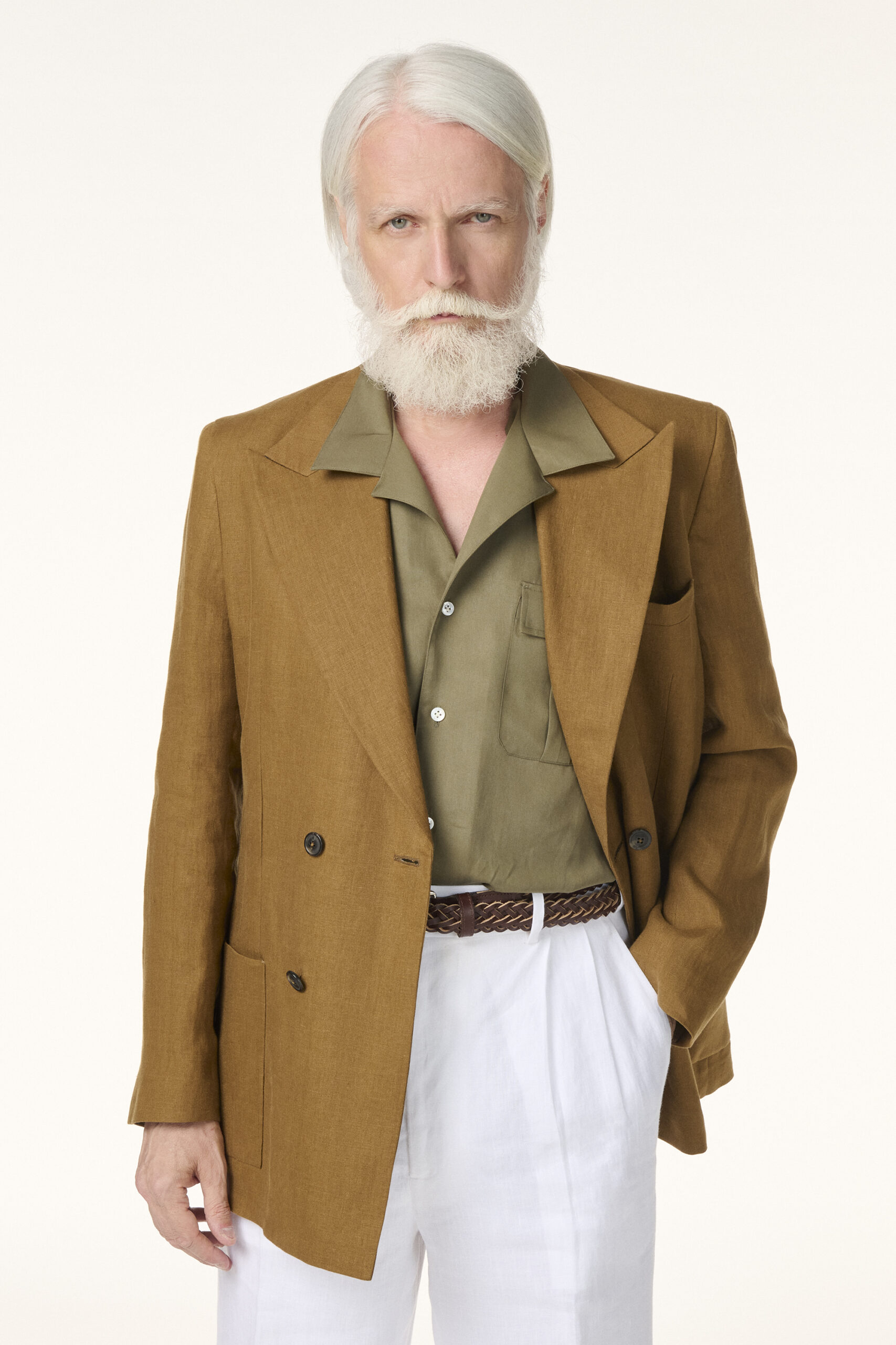 Veste Croisée Sur-Mesure en Lin Tabac Clair | Rives Paris ©