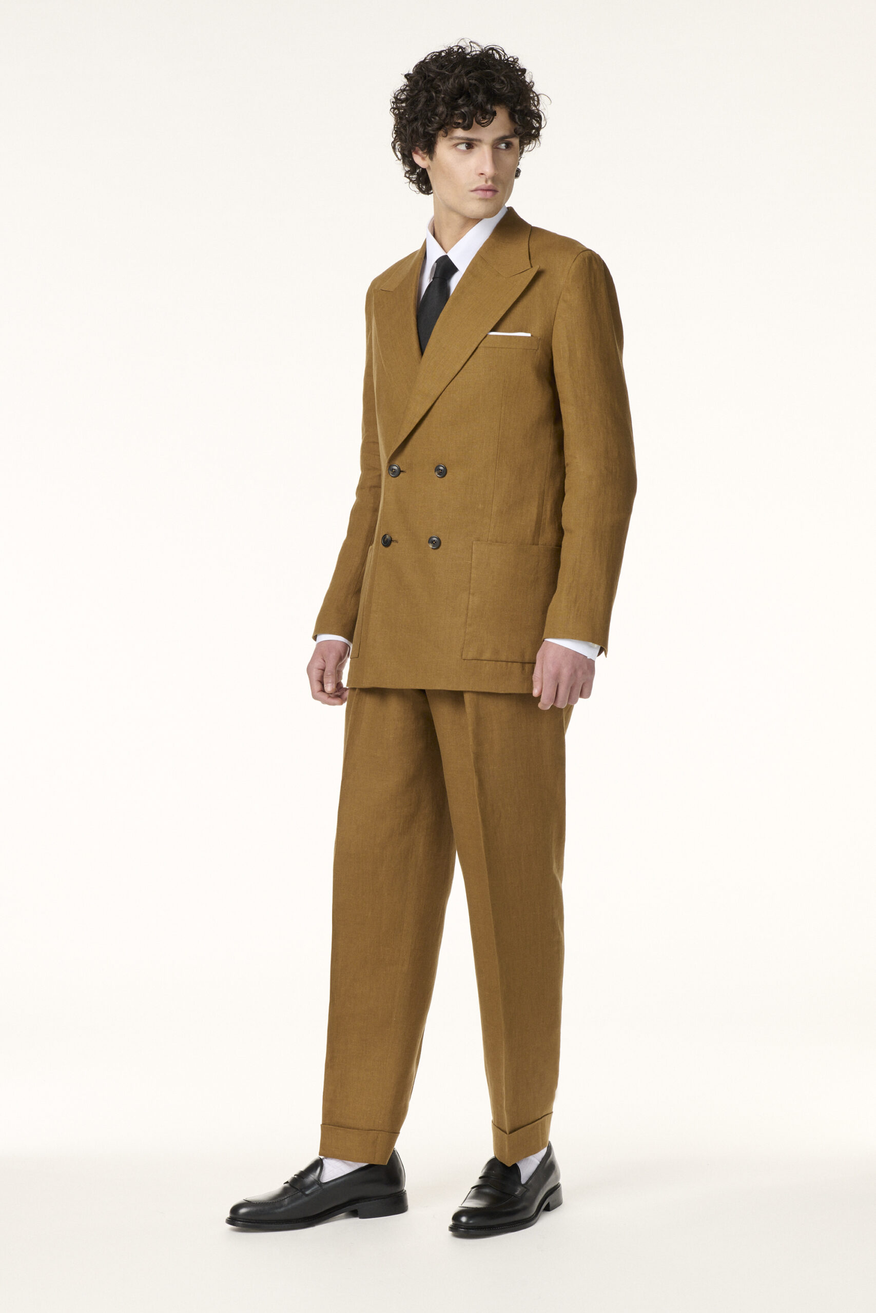 Tailor-made Double-breasted suit in Light Tobacco Linen | Rives Paris © /2