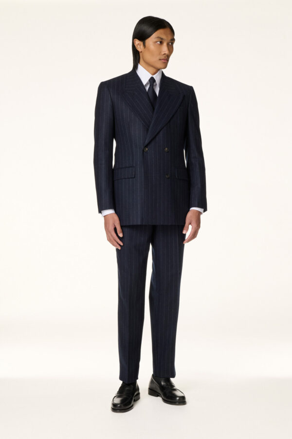 Costume Croisé Flanelle Bleu Marine Rayures Craie