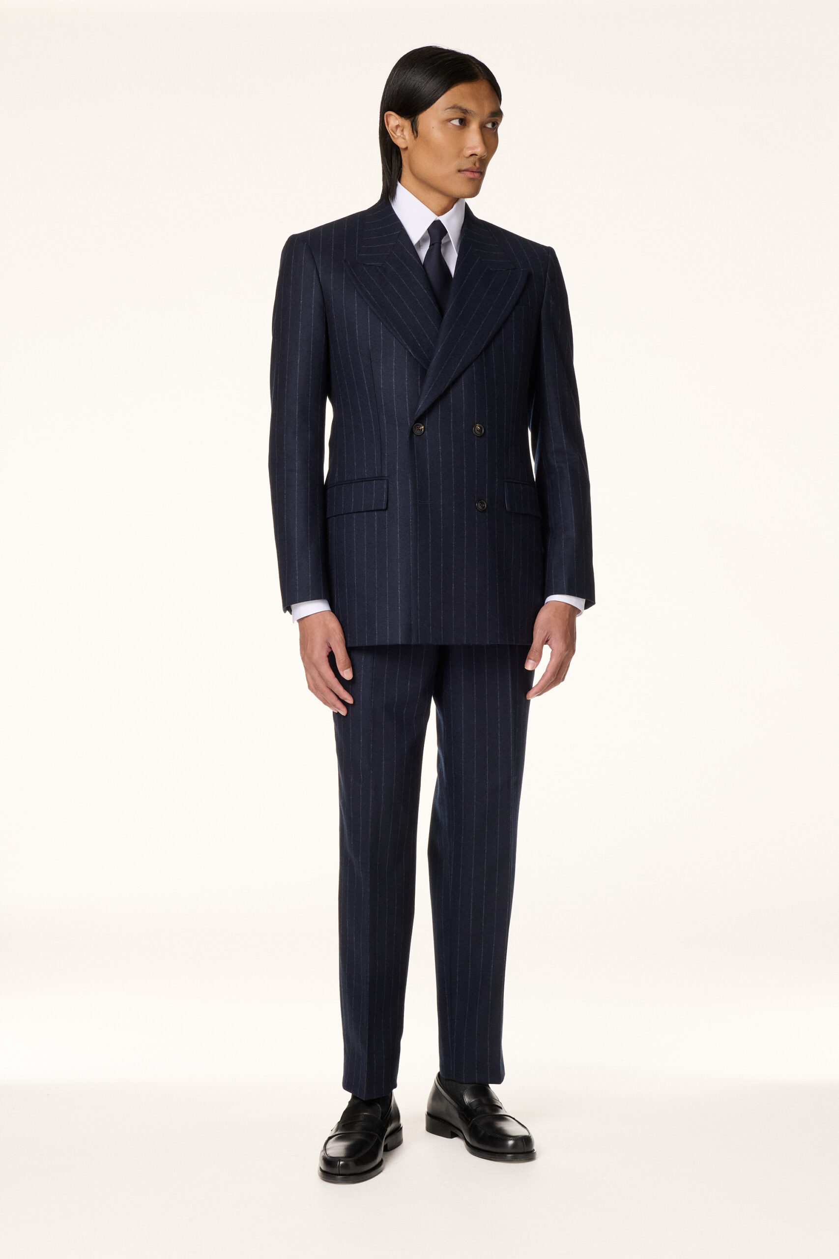 Costume Croisé Flanelle Bleu Marine Rayures Craie