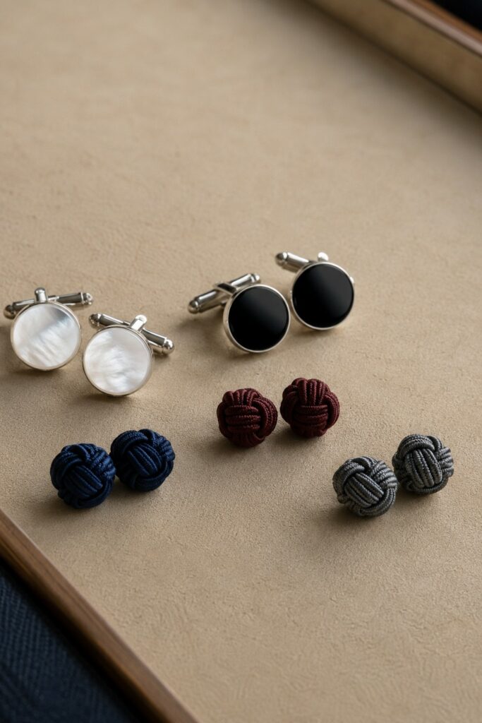 Boutons de manchette en nacre et en onyx et nœuds de soie de plusieurs couleurs posés sur un plateau