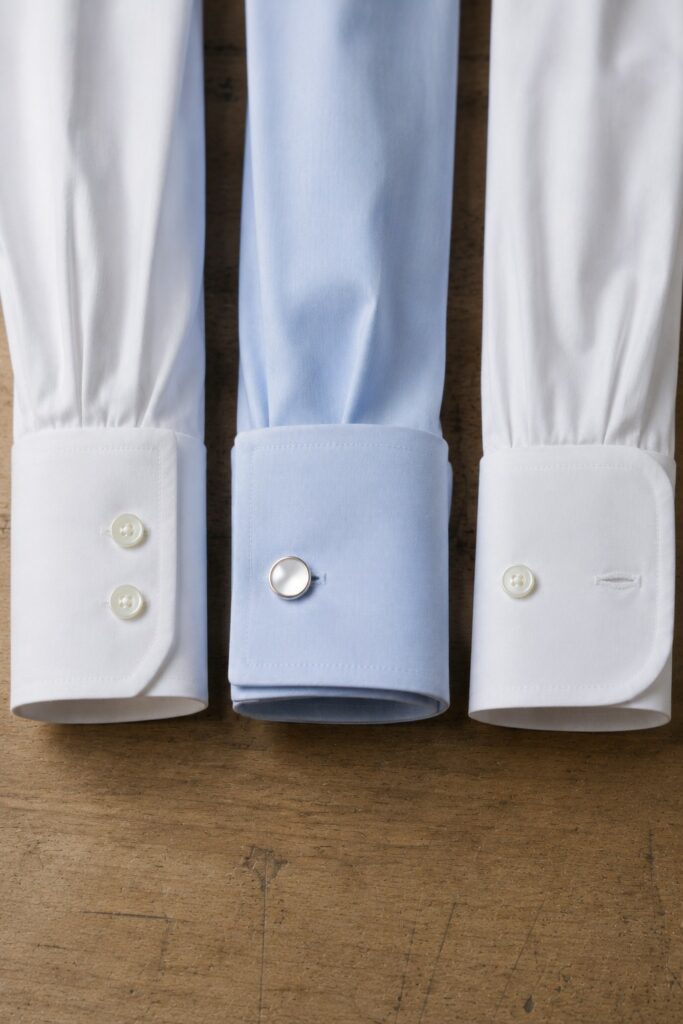 Trois poignets de chemise posés côte à côte : manchette simple à deux boutons, manchette mousquetaire repliée avec un bouton de manchette, manchette convertible avec un bouton et une boutonnière